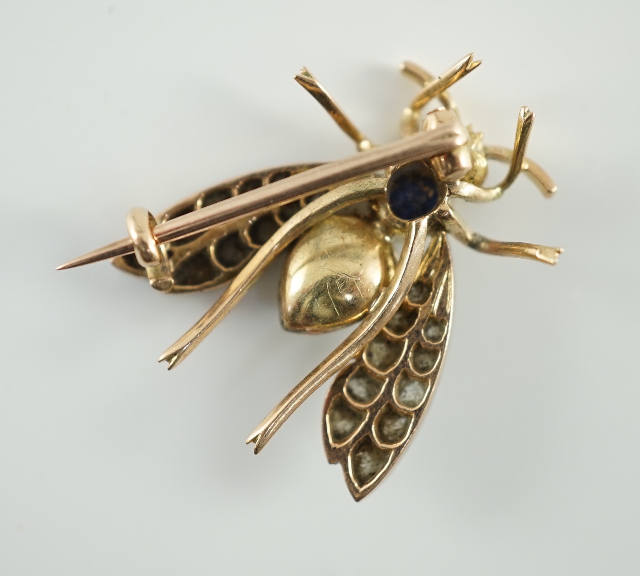 A late Victorian gold, sapphire, baroque pearl and rose cut diamond set bug brooch, 23mm, gross - Image 3 of 3