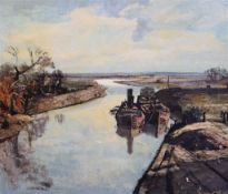 § Rowland Hilder (1905-1993) Barges on a canaloil on board,signed, 50.5 x 60.5cm