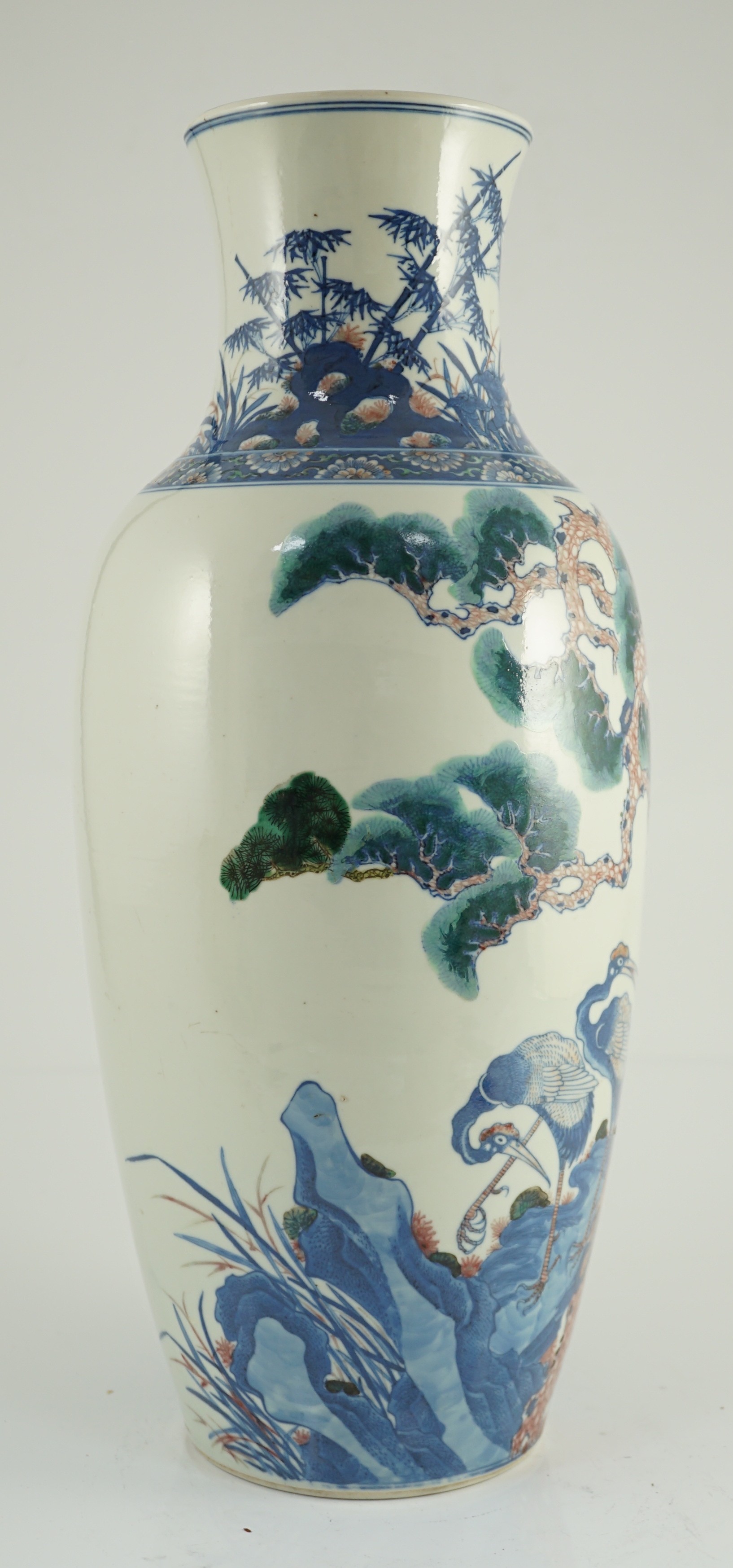 An unusual Chinese green enamelled underglaze blue and copper red tall vase, 19th century, finely - Image 4 of 6
