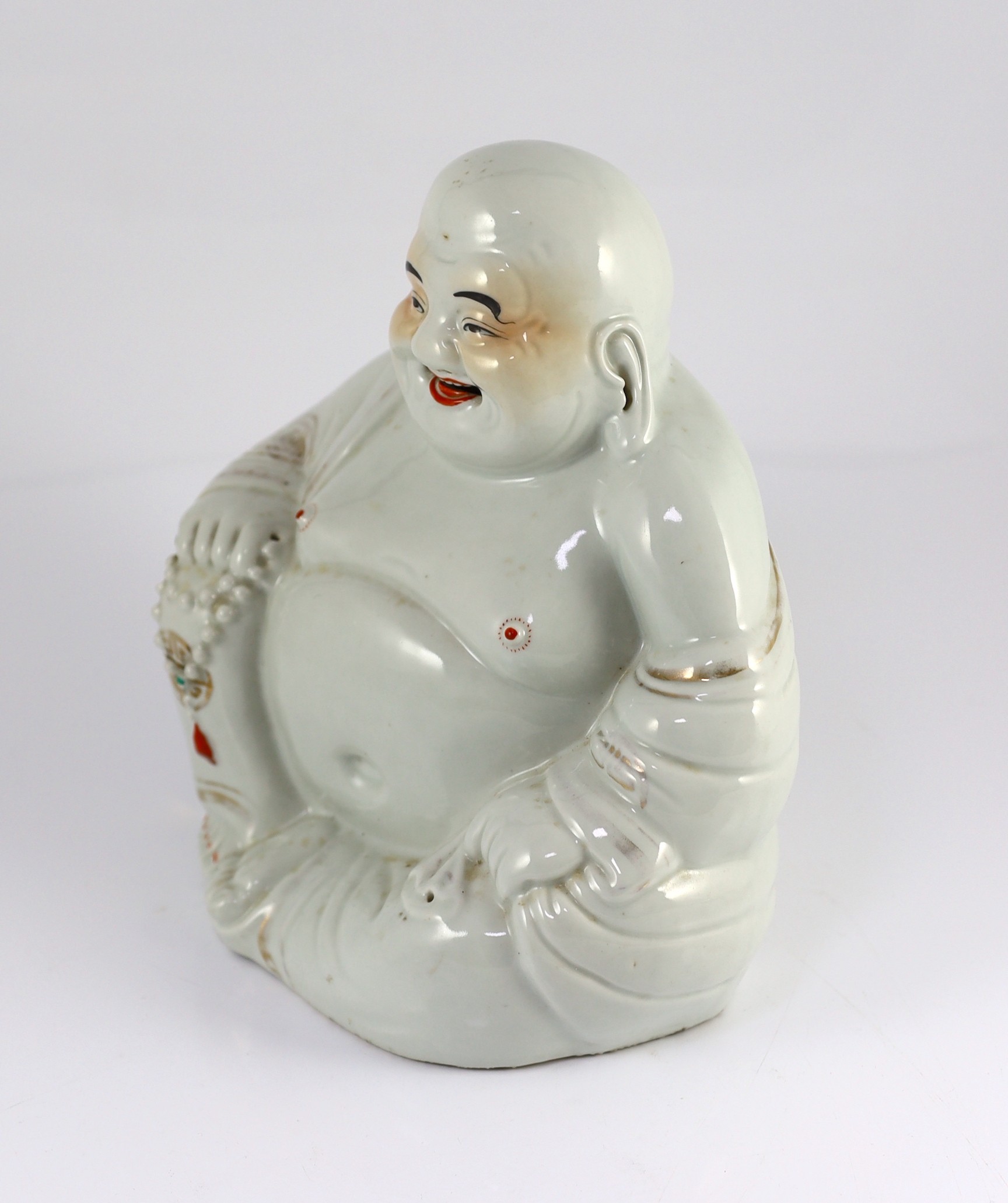 A Chinese porcelain figure of Budai, Republic period, holding a rosary in his right hand, his robe - Image 2 of 6