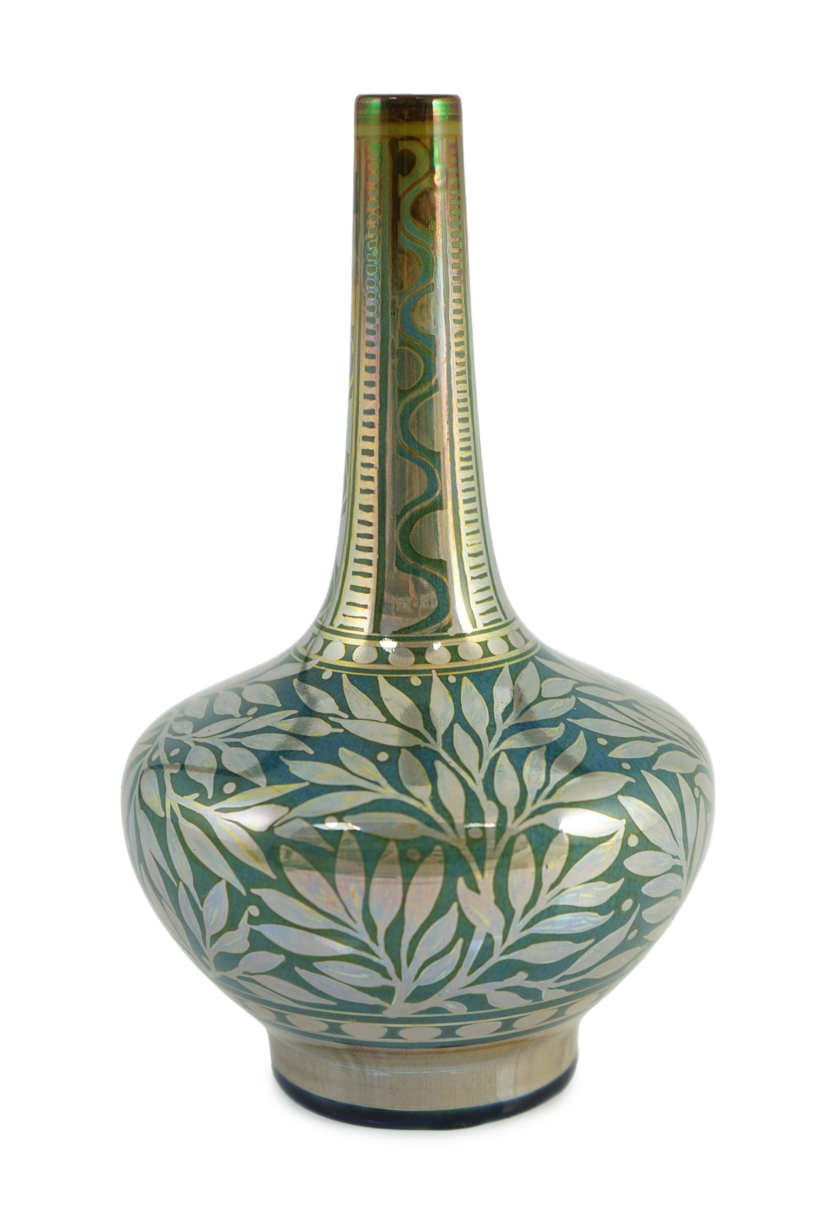 A Pilkington’s Lancastrian lustre bottle vase, by William S. Mycock, painted in silver lustre with