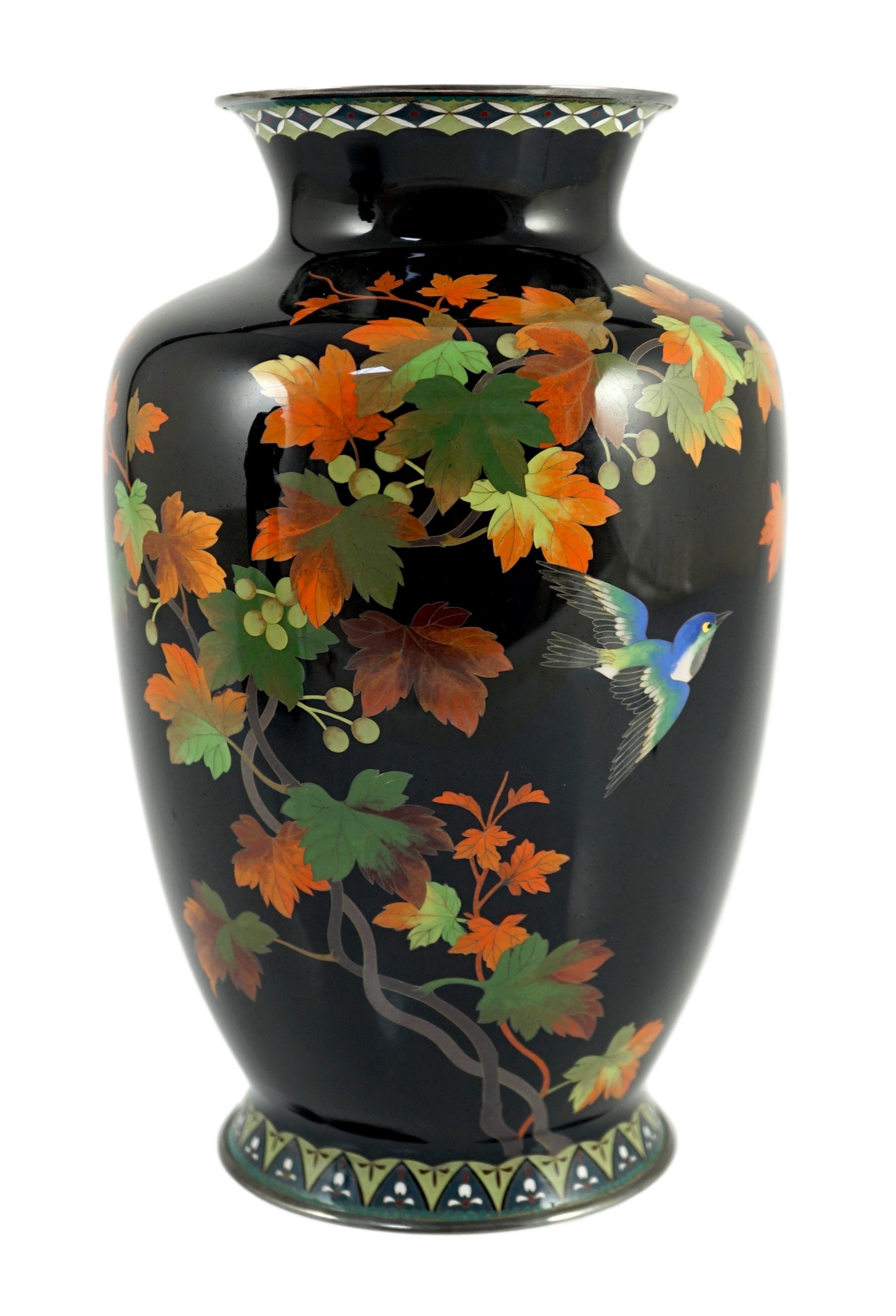 A Japanese silver wire cloisonné enamel vase, third quarter 20th century, decorated with fruiting