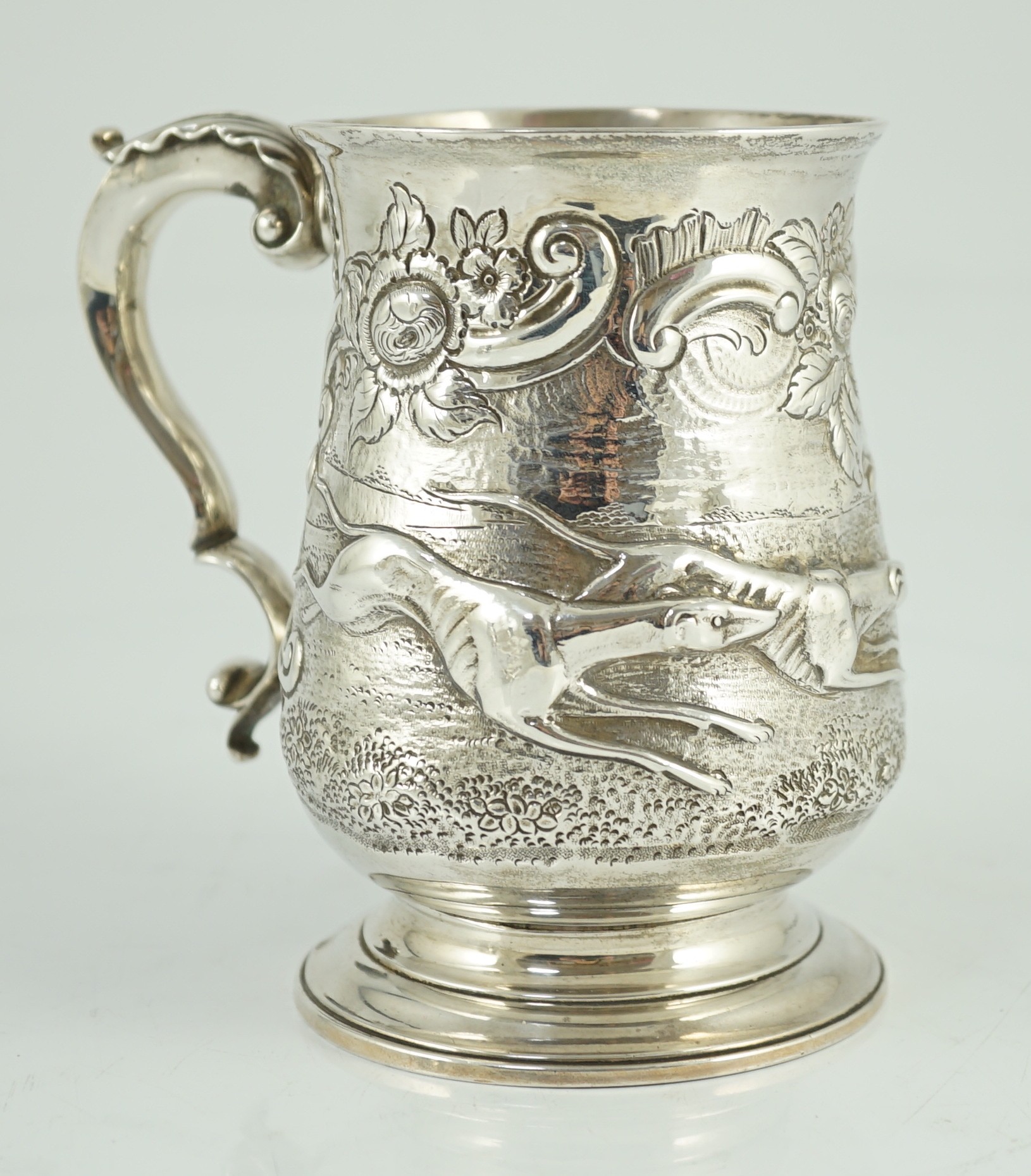 A George III silver baluster mug, later embossed with continuous hare coursing scene, John Scofield, - Image 3 of 7
