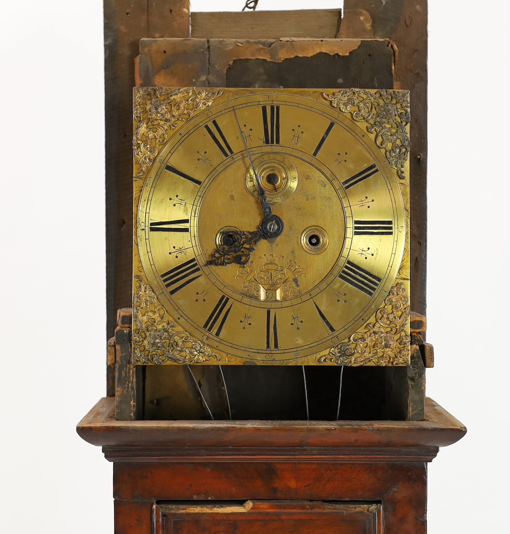 A William and Mary floral marquetry and walnut eight day longcase clock, the 11 inch square brass - Image 6 of 11