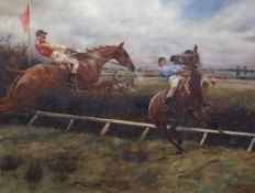 George Denholm Miles (1864–1949) Racehorses taking a jumpoil on canvassigned56 x 75cm***CONDITION