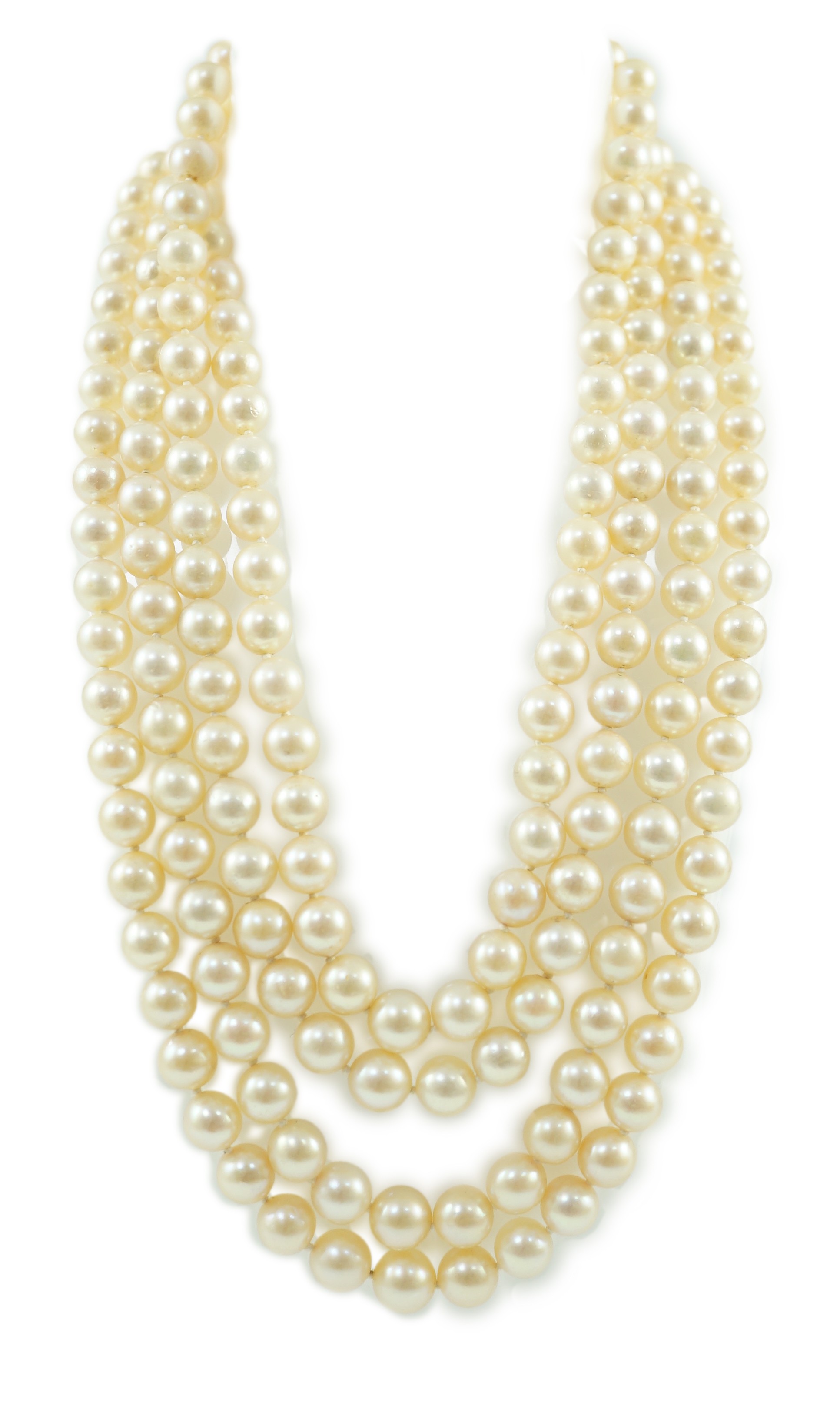 A mid to late 20th century continental quadruple strand cultured pearl necklace, with white gold and