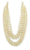 A mid to late 20th century continental quadruple strand cultured pearl necklace, with white gold and