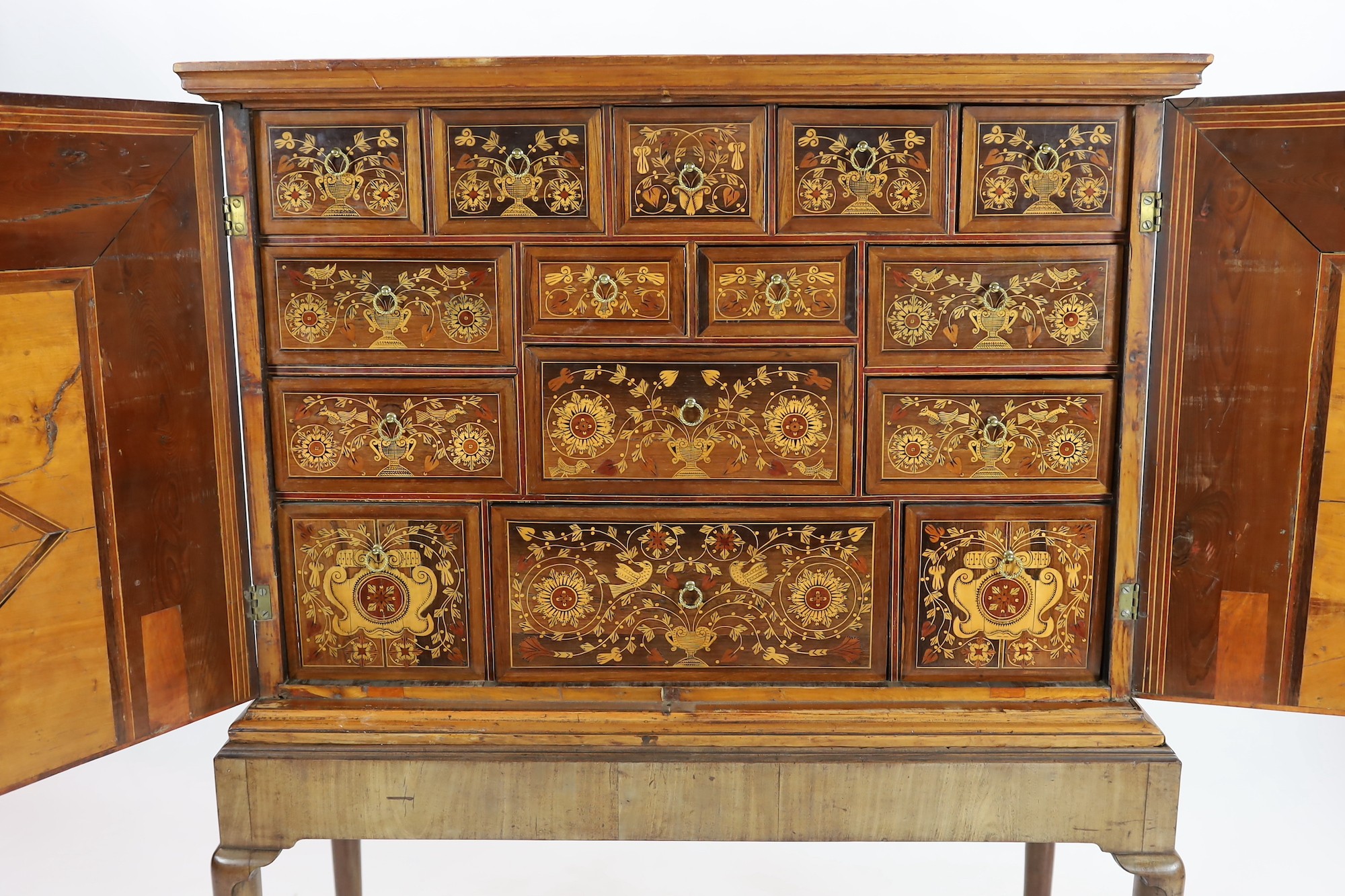 A 17th century and later South German walnut and marquetry cabinet on later stand, with moulded - Image 4 of 4