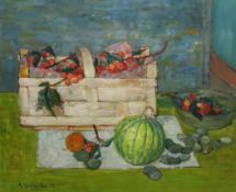 § § André Vignoles (French, 1920-2017) Table top still life with basket of cherries and other