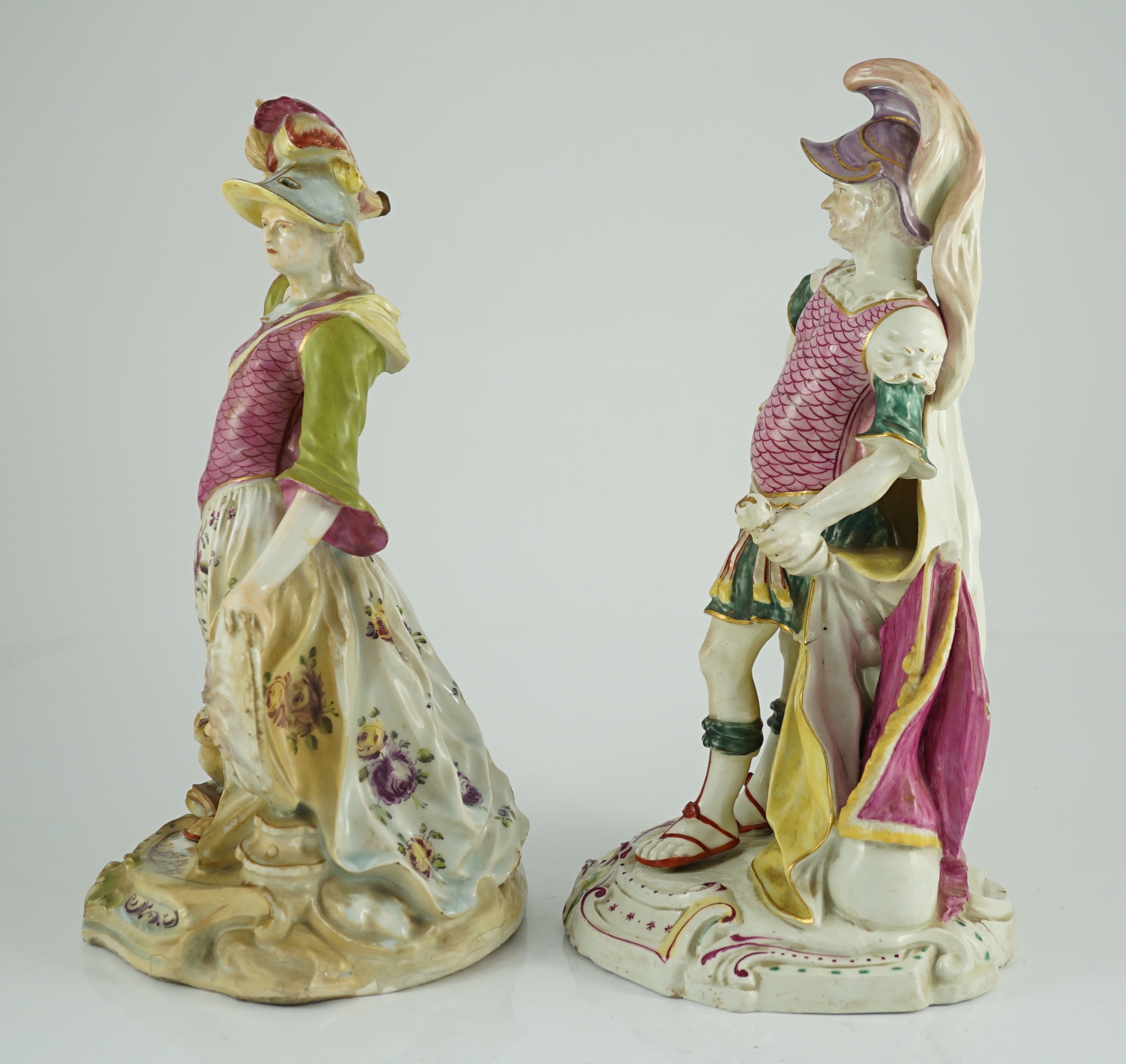 A pair of large Derby porcelain figures of Minerva and Mars, c.1760, decorated in bright puce, - Image 4 of 10