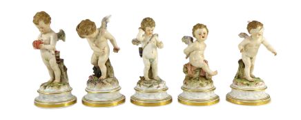 A series of five Meissen porcelain figures of Cupid, late 19th century, modelled by Heinrich