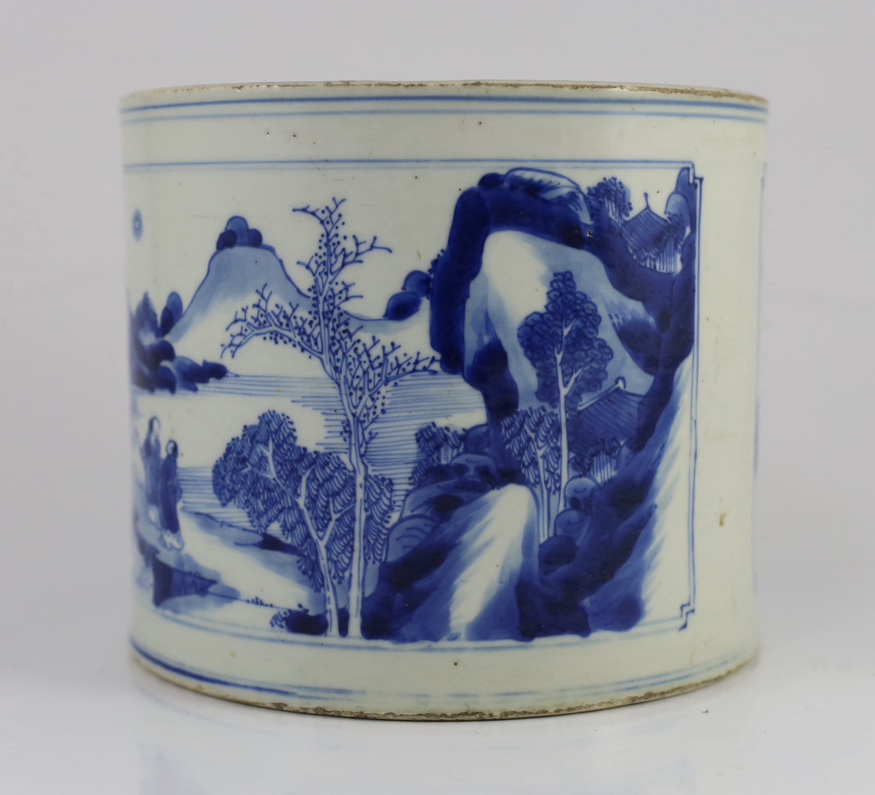 A Chinese blue and white ‘landscape’ brushpot, bitong, Kangxi period, painted to rectangular - Image 3 of 7