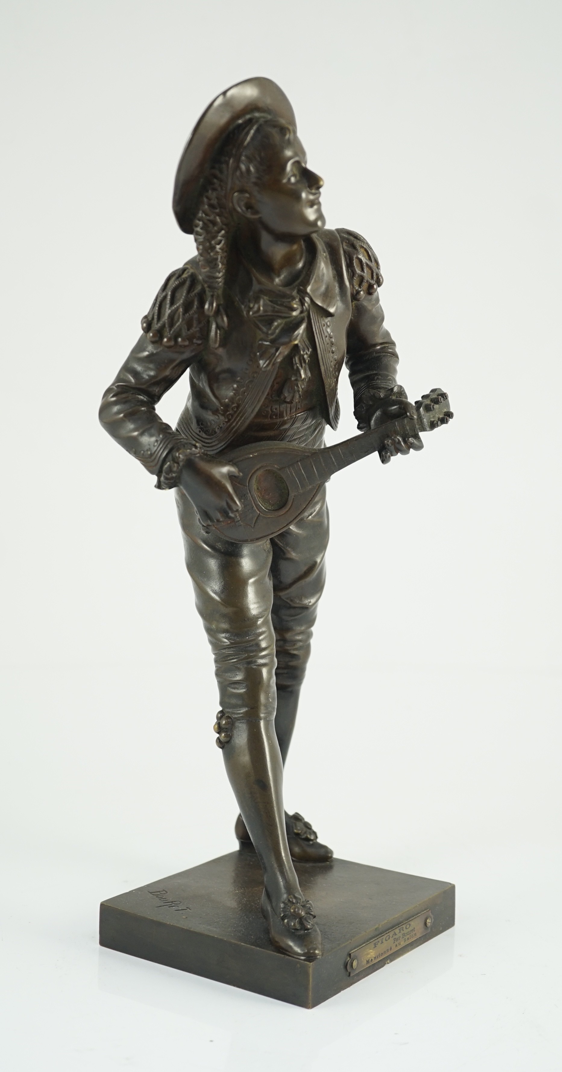 Eutrope Bouret (French, 1833-1906). A bronze figure of 'Figaro', standing playing a mandolin, signed - Image 5 of 9