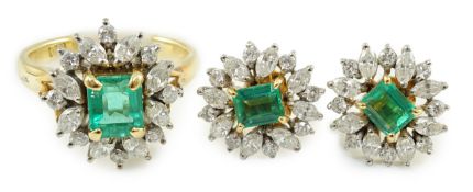 A modern 18k gold emerald and diamond set suite of jewellery, comprising an oval cluster ring, set