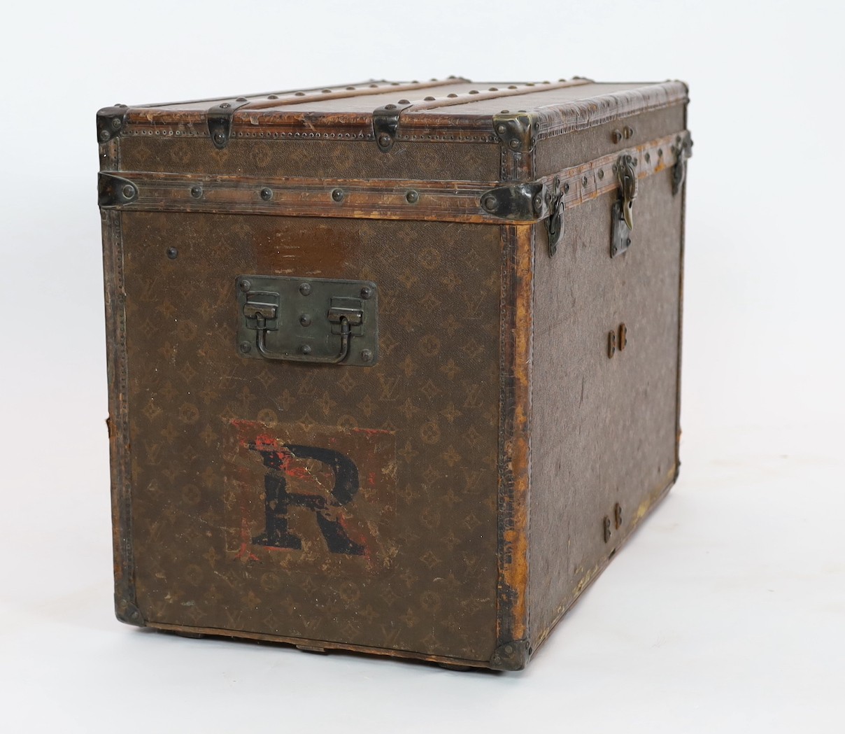 A Louis Vuitton brass mounted leather bound trunk, c.1910, numbered 137426, with LV covering and - Image 4 of 7