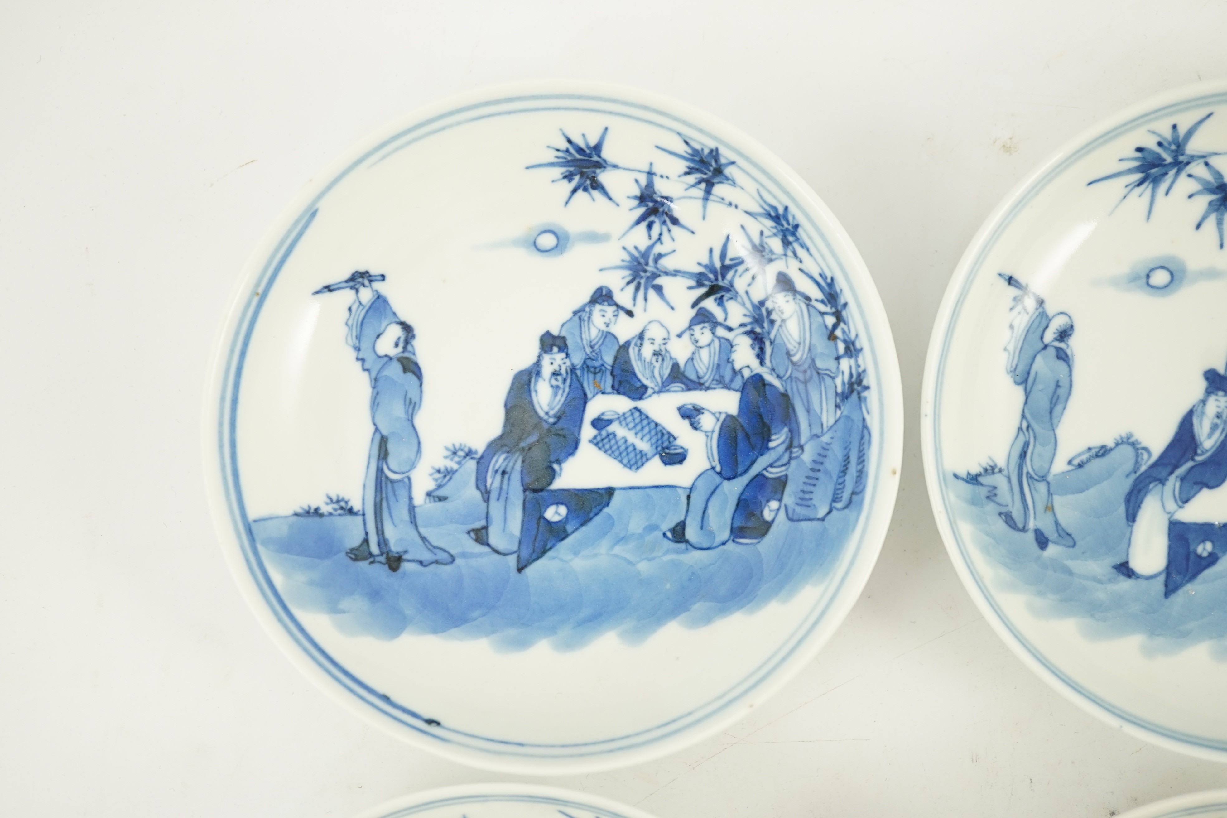 A set of six Chinese ‘Seven Sages of the Bamboo Grove’ saucer dishes, Kangxi marks but late 19th - Image 9 of 10