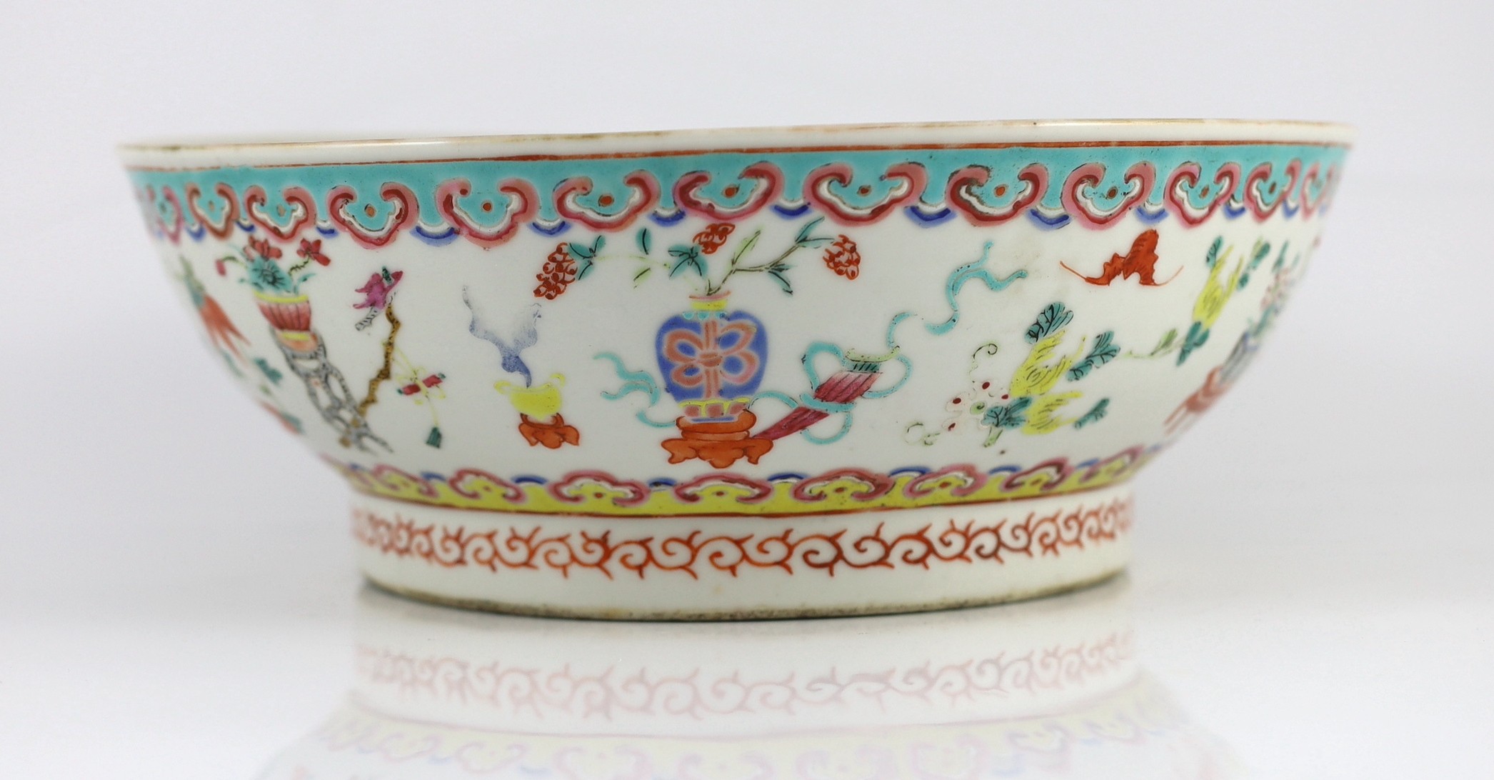 A Chinese famille rose ‘antiques and auspicious objects’ bowl, Chenghua mark, late 19th century, the - Image 2 of 4