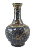 A Chinese gilt decorated blue ground ‘dragon’ vase, Guangxu mark but later, the neck decorated