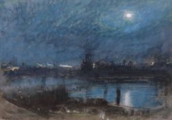 Albert Goodwin RWS (British, 1845–1932) ‘Portsmouth Harbour - Night’watercolour on grey