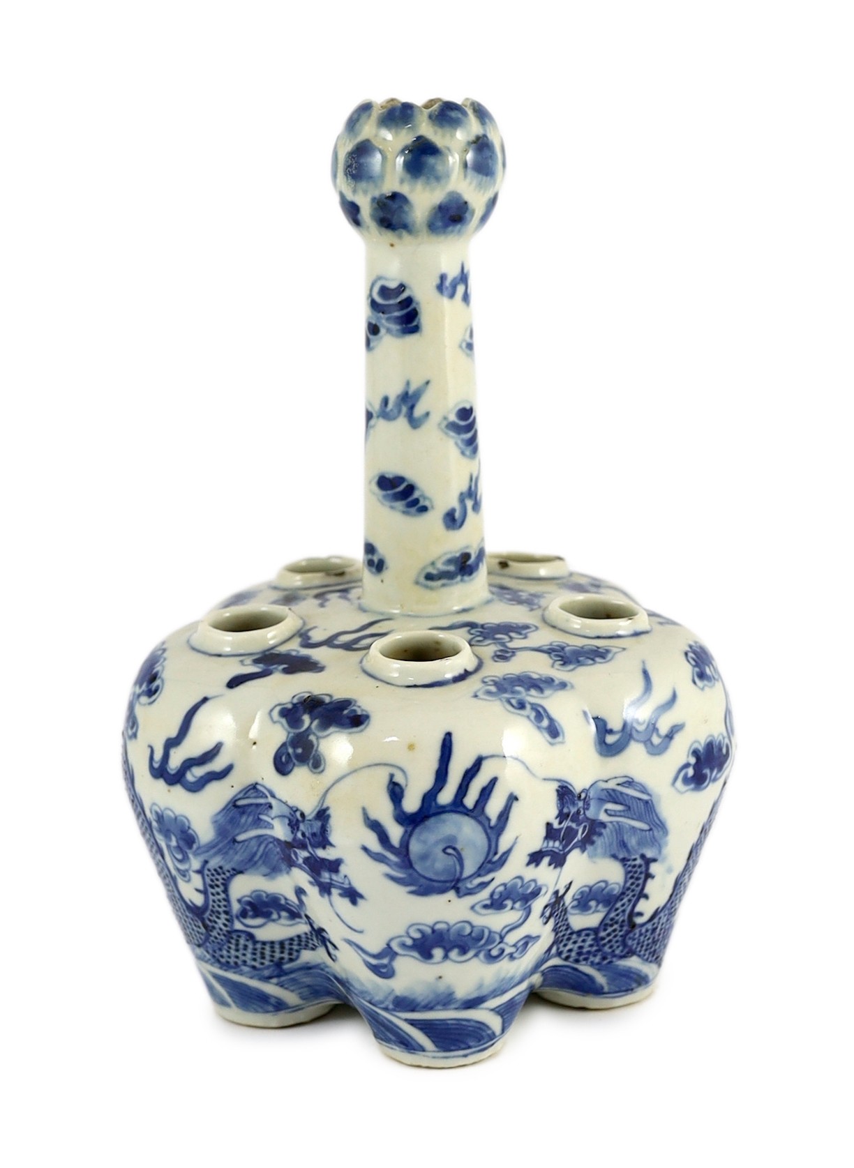A Chinese blue and white ’dragon’ tulip vase, 19th century, painted with two confronting four claw