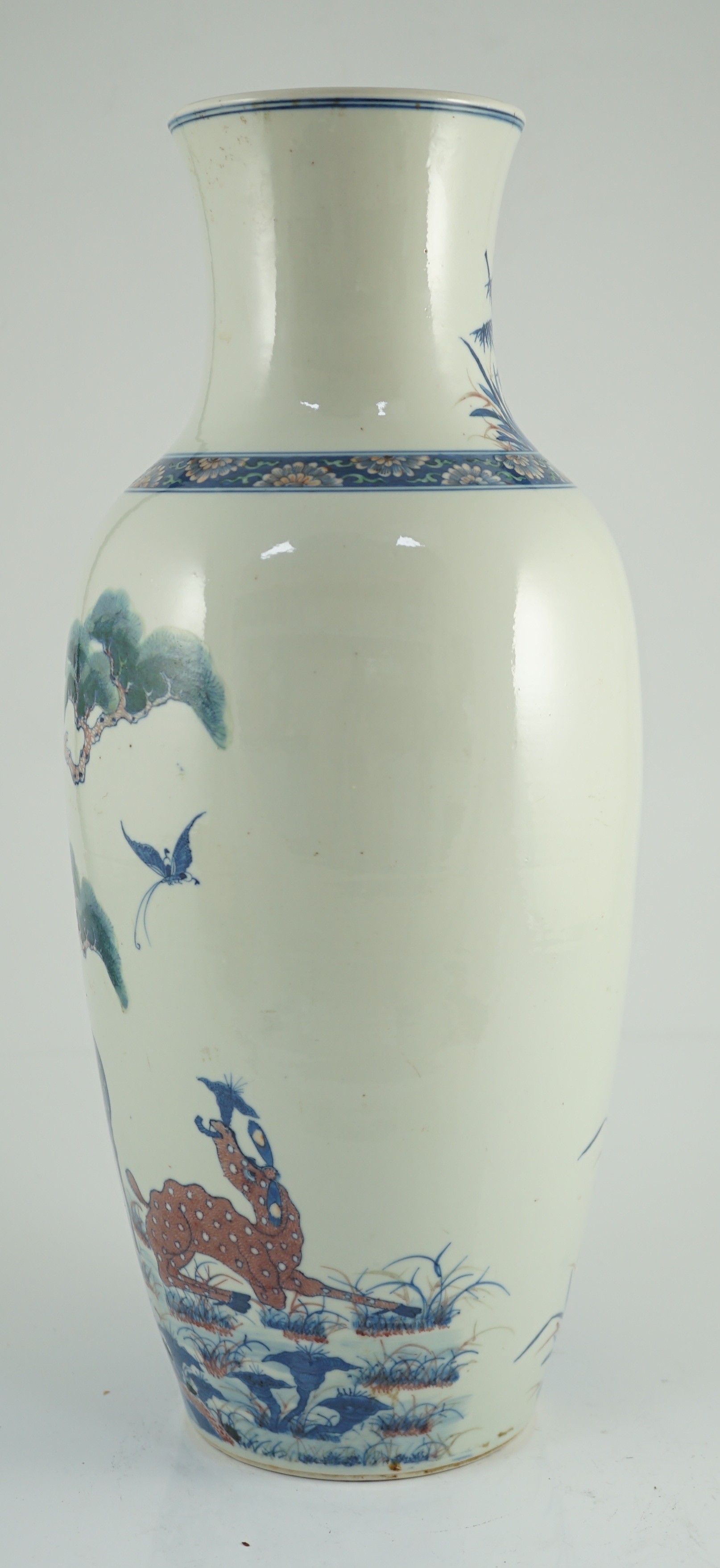 An unusual Chinese green enamelled underglaze blue and copper red tall vase, 19th century, finely - Image 3 of 6