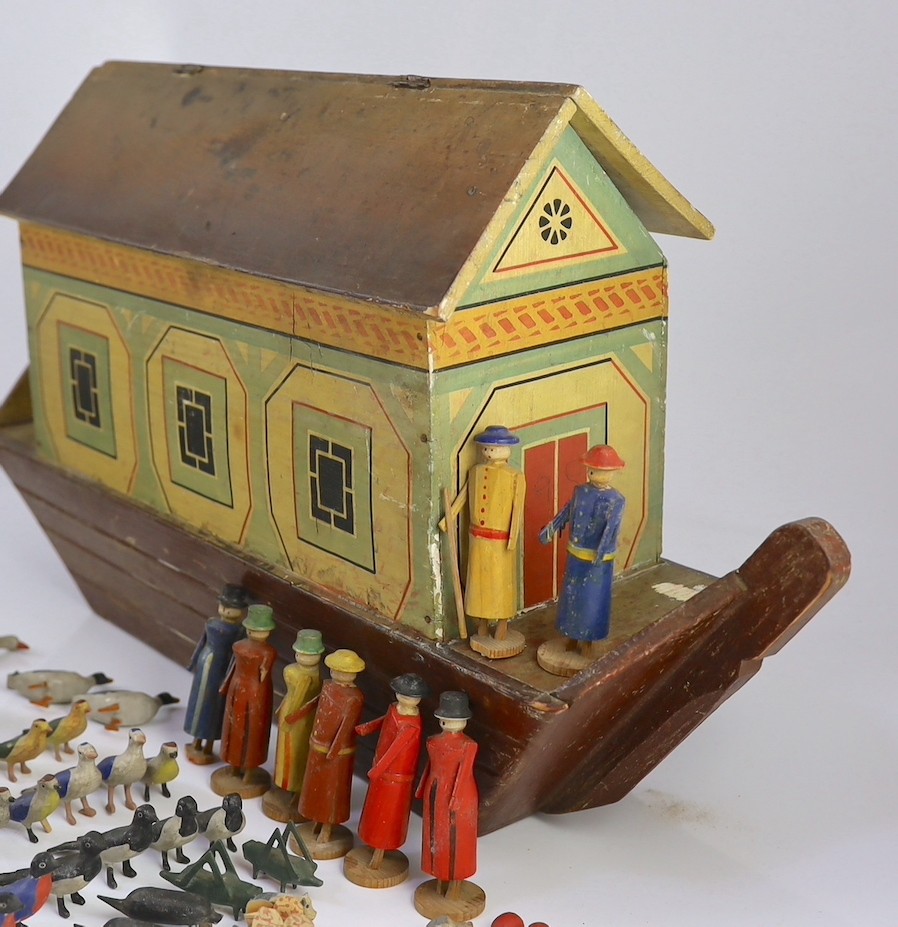 A late 19th century German painted wood Noah's Ark with 136 assorted figures and animals, 14cm wide, - Image 18 of 20