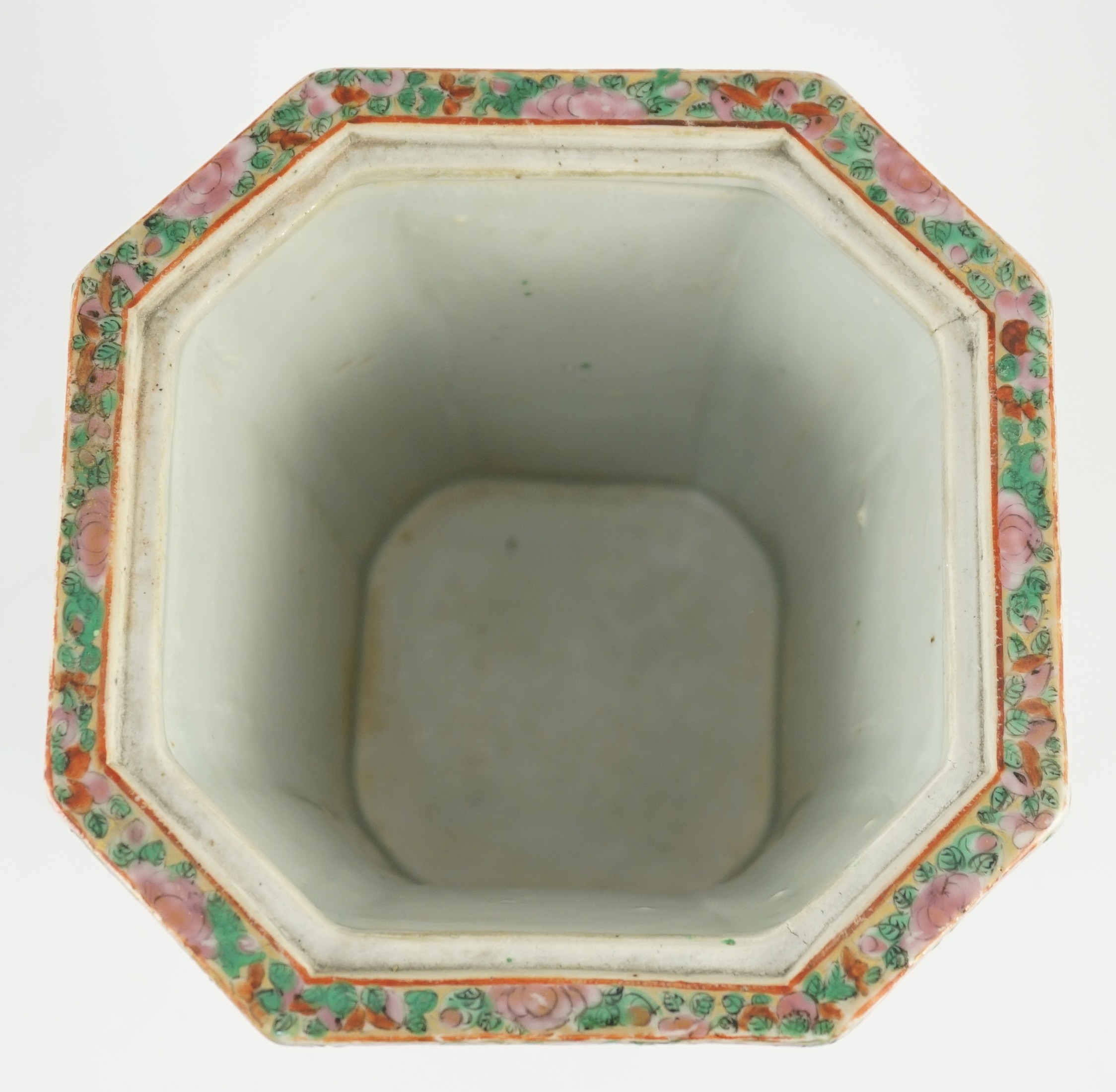 A Chinese Canton (Guangzhou) famille rose decorated bough pot and cover, c.1830, painted with - Image 6 of 9