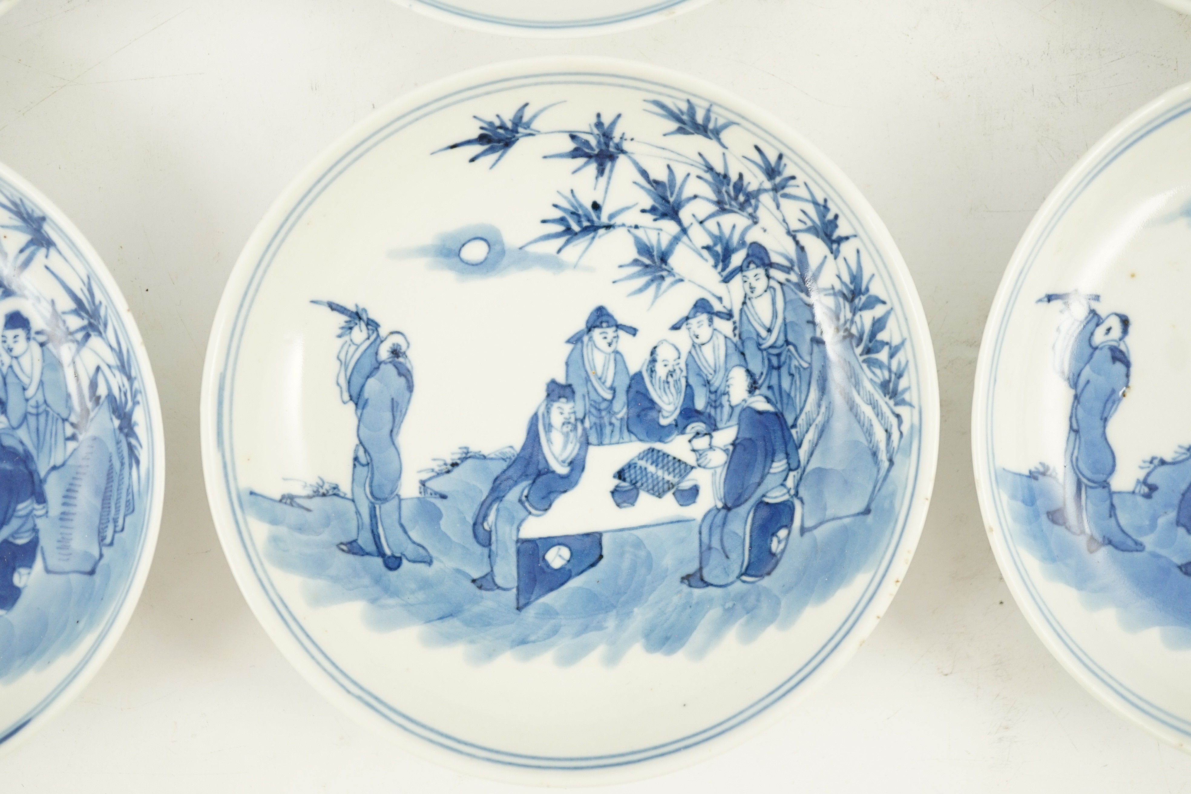 A set of six Chinese ‘Seven Sages of the Bamboo Grove’ saucer dishes, Kangxi marks but late 19th - Image 5 of 10