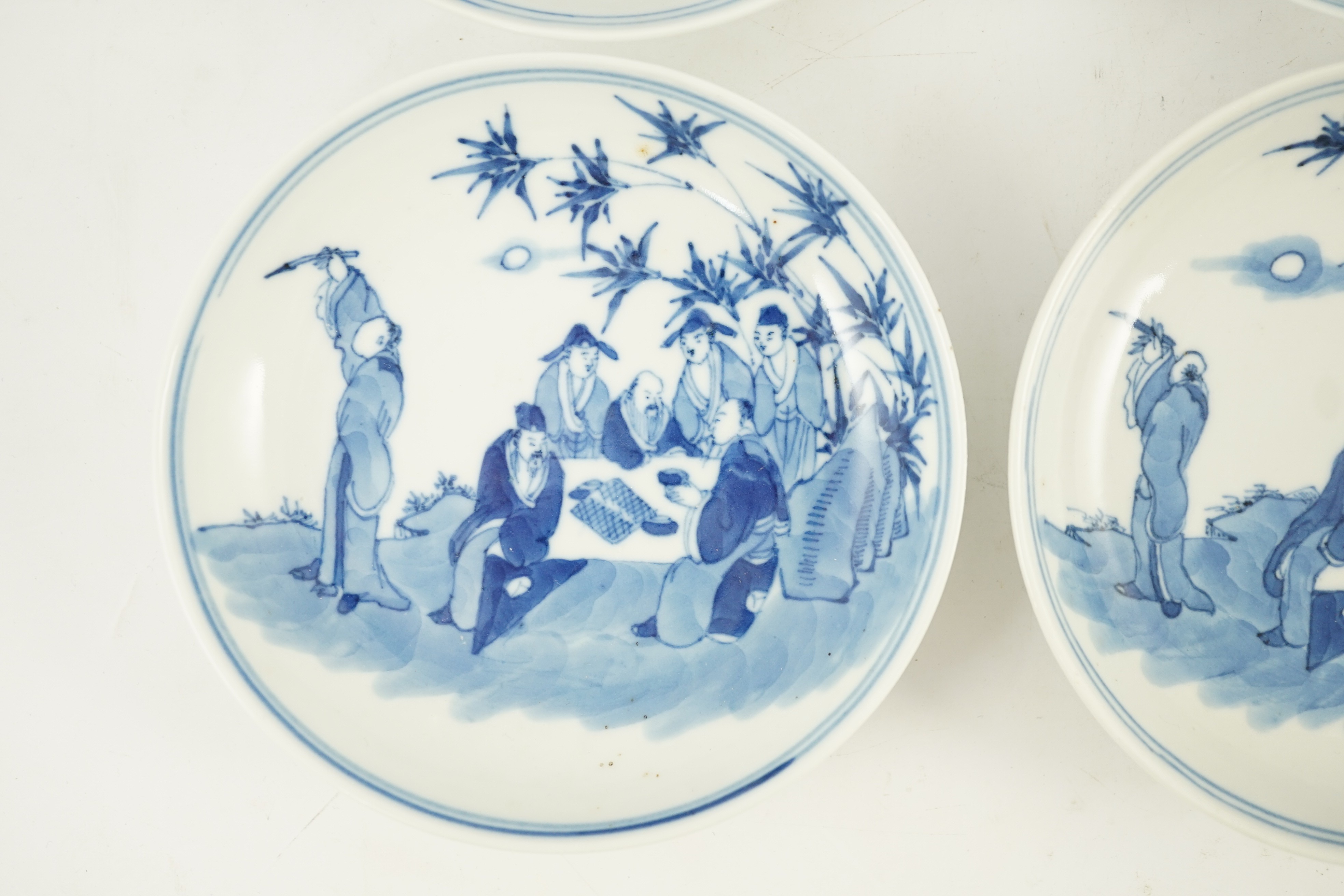 A set of six Chinese ‘Seven Sages of the Bamboo Grove’ saucer dishes, Kangxi marks but late 19th - Image 4 of 10