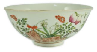A Chinese famille rose bowl, Guangxu period, painted with rocks, linzghi fungus, a fruiting peach