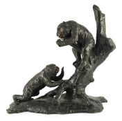 A large Japanese bronze group of two monkeys on a tree, by Genryusai Seiya, Meiji period, one monkey