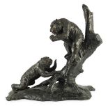 A large Japanese bronze group of two monkeys on a tree, by Genryusai Seiya, Meiji period, one monkey