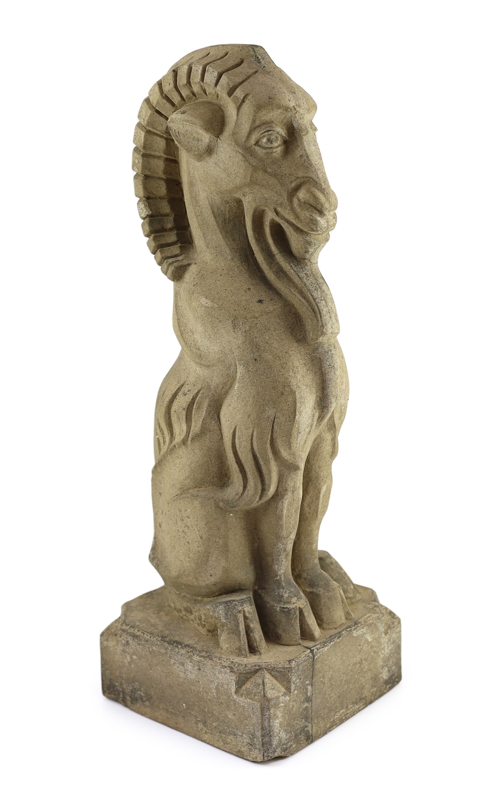 A Doulton Lambeth stoneware garden figure of a seated goat, designed by Francis Pope, early 20th