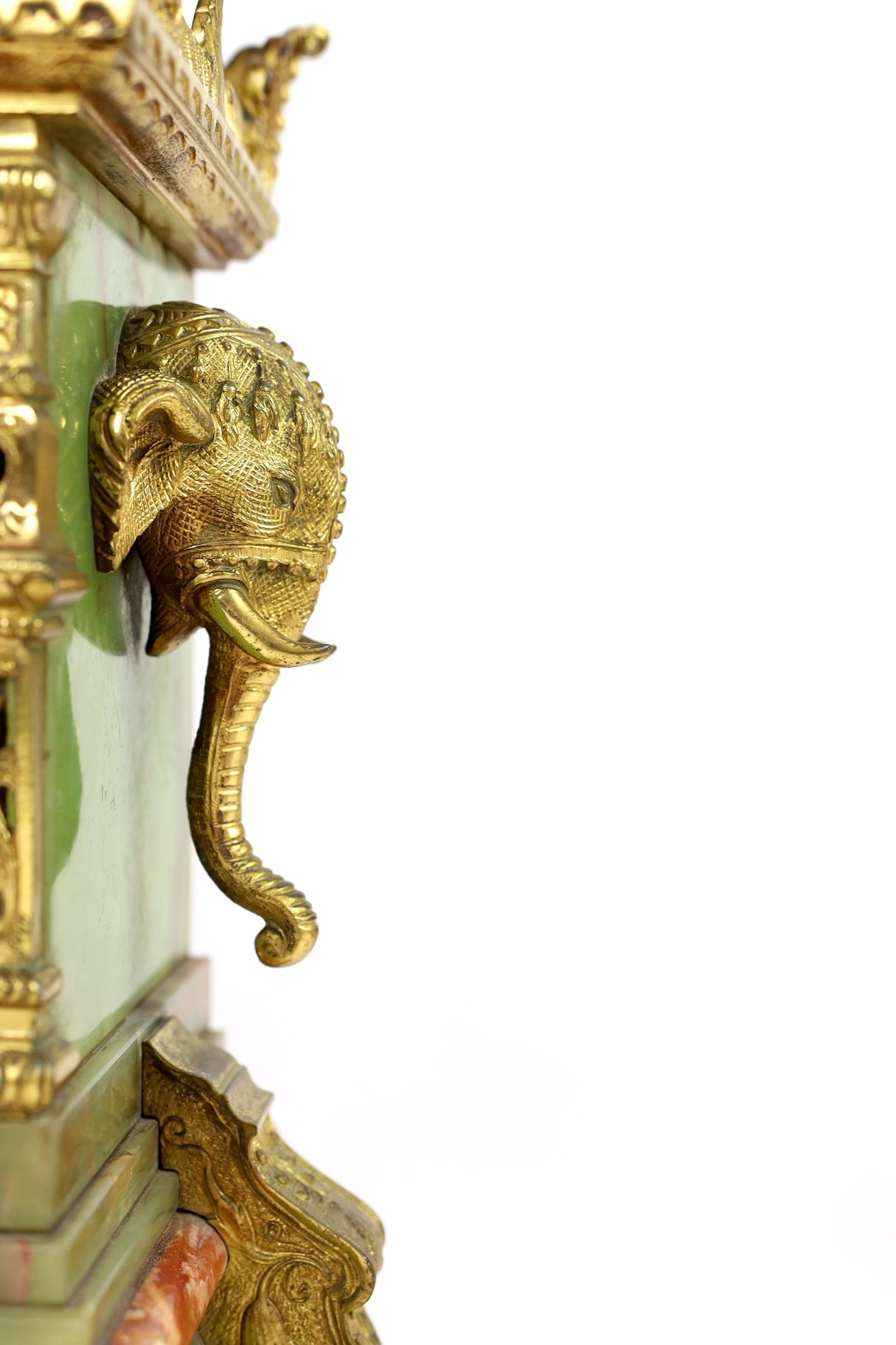 A late 19th century French ormolu mounted marble and green onyx clock garniture, of Indian - Image 6 of 10