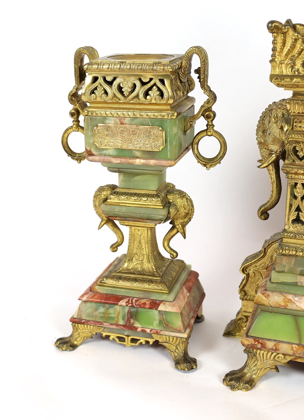 A late 19th century French ormolu mounted marble and green onyx clock garniture, of Indian - Image 2 of 10