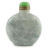 A Chinese jadeite ‘dragon’ snuff bottle, c.1800-1900, of moonflask form, carved in relief with a