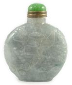 A Chinese jadeite ‘dragon’ snuff bottle, c.1800-1900, of moonflask form, carved in relief with a