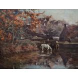 Harry Floyd (American/British, 1871-1917) Riverside town with horses wateringoil on canvassigned and