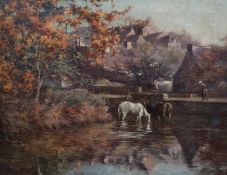 Harry Floyd (American/British, 1871-1917) Riverside town with horses wateringoil on canvassigned and