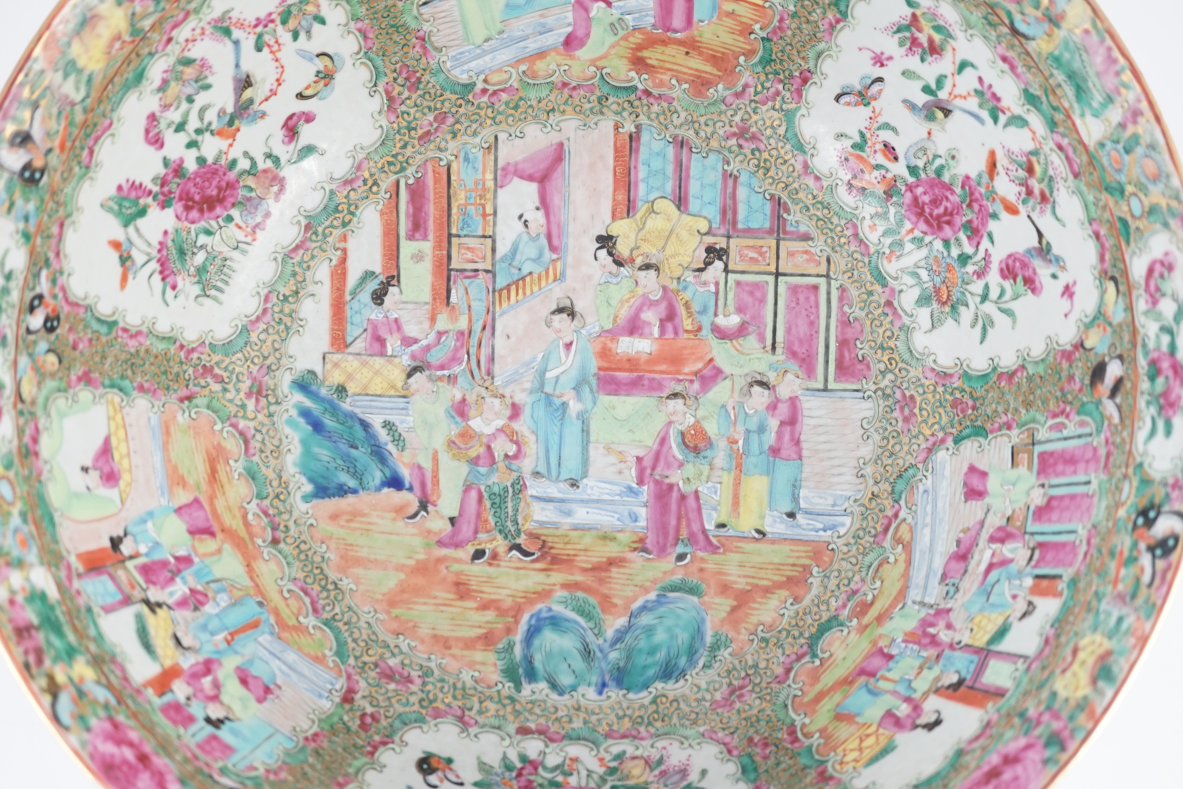 A large Chinese Canton (Guangzhou) decorated famille rose bowl, c.1830-50, typically painted to - Image 8 of 9