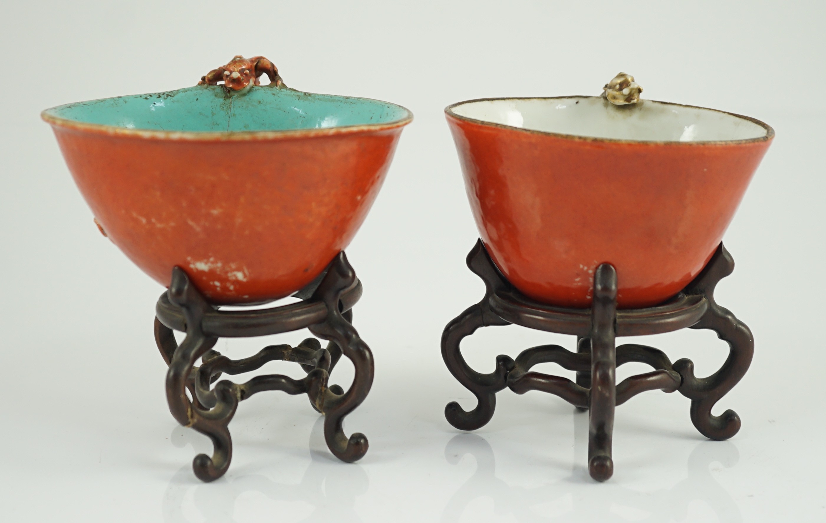 Two similar Chinese coral ground libation cups, late 18th/early 19th century, each of oval - Image 6 of 10