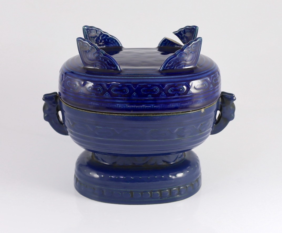 A Chinese Imperial blue glazed ritual offering vessel and cover, gui, moulded Qianlong seal mark and - Image 2 of 7
