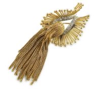 A late 20th century stylish continental gold and diamond cluster set tassel brooch, of stylised