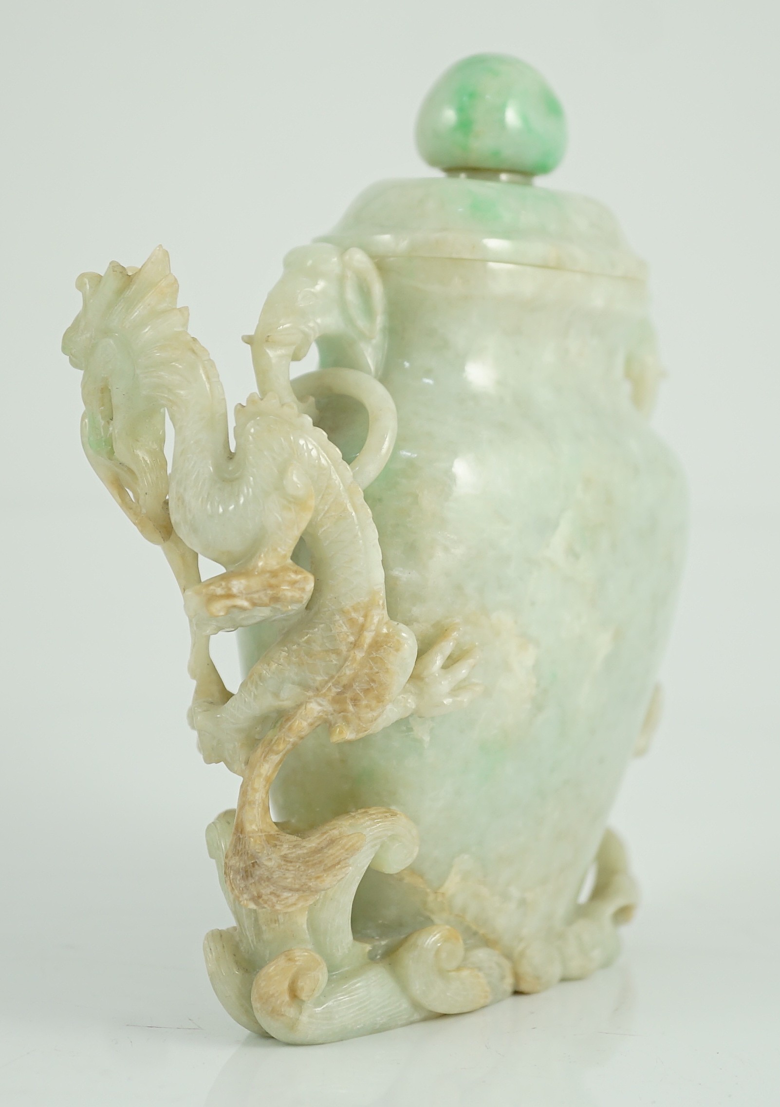 A Chinese jadeite 'dragon' vase and cover, late 19th/early 20th century, carved in high relief and - Image 3 of 5