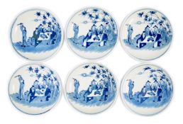 A set of six Chinese ‘Seven Sages of the Bamboo Grove’ saucer dishes, Kangxi marks but late 19th