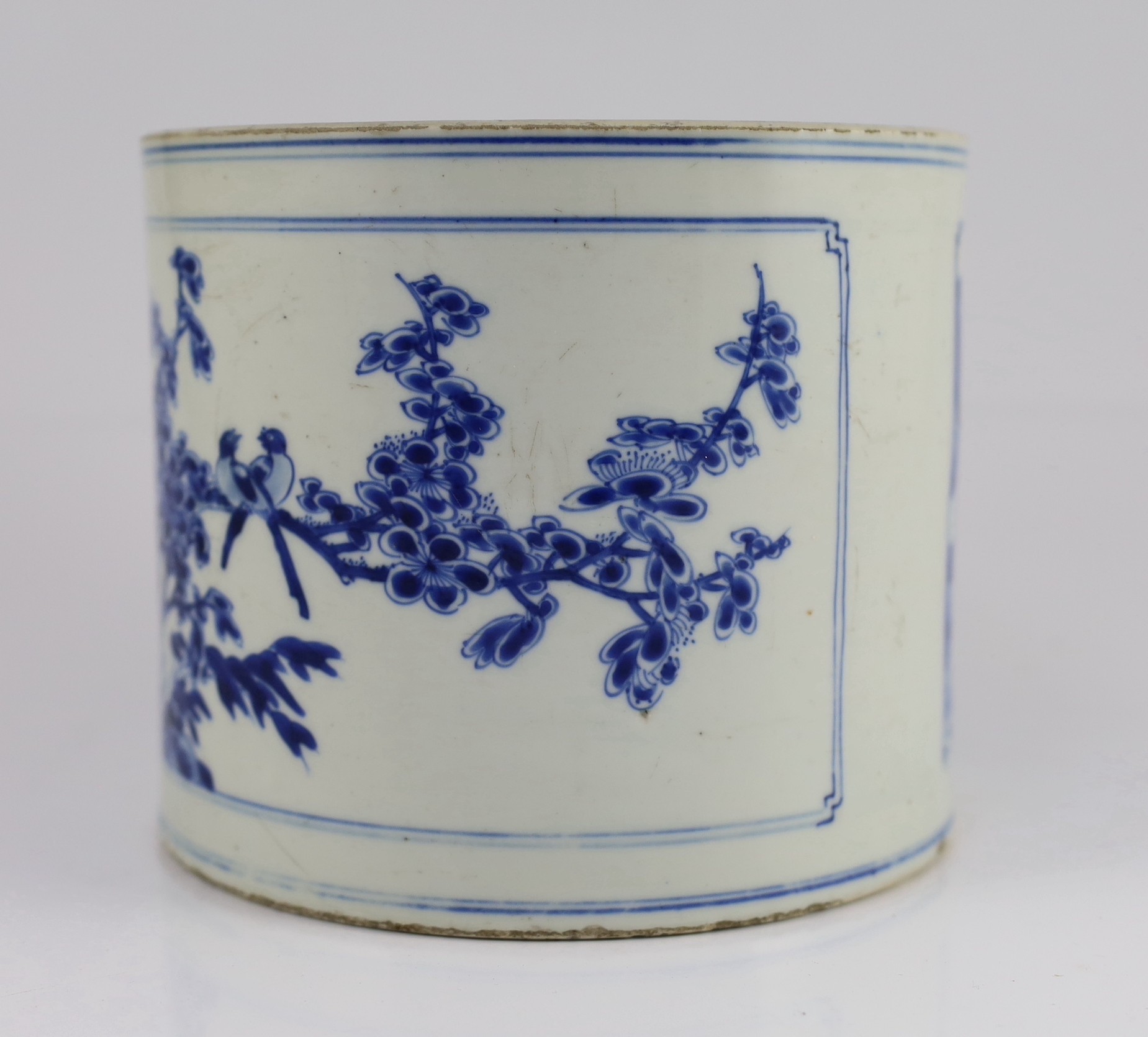 A Chinese blue and white ‘landscape’ brushpot, bitong, Kangxi period, painted to rectangular - Image 5 of 7