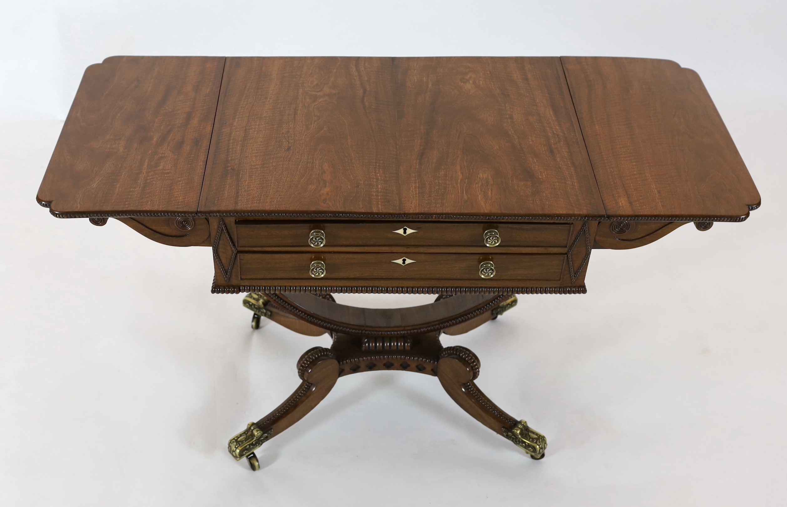 Y Y A Regency mahogany drop leaf work table, with beaded rectangular top, scroll carved folding - Image 3 of 5