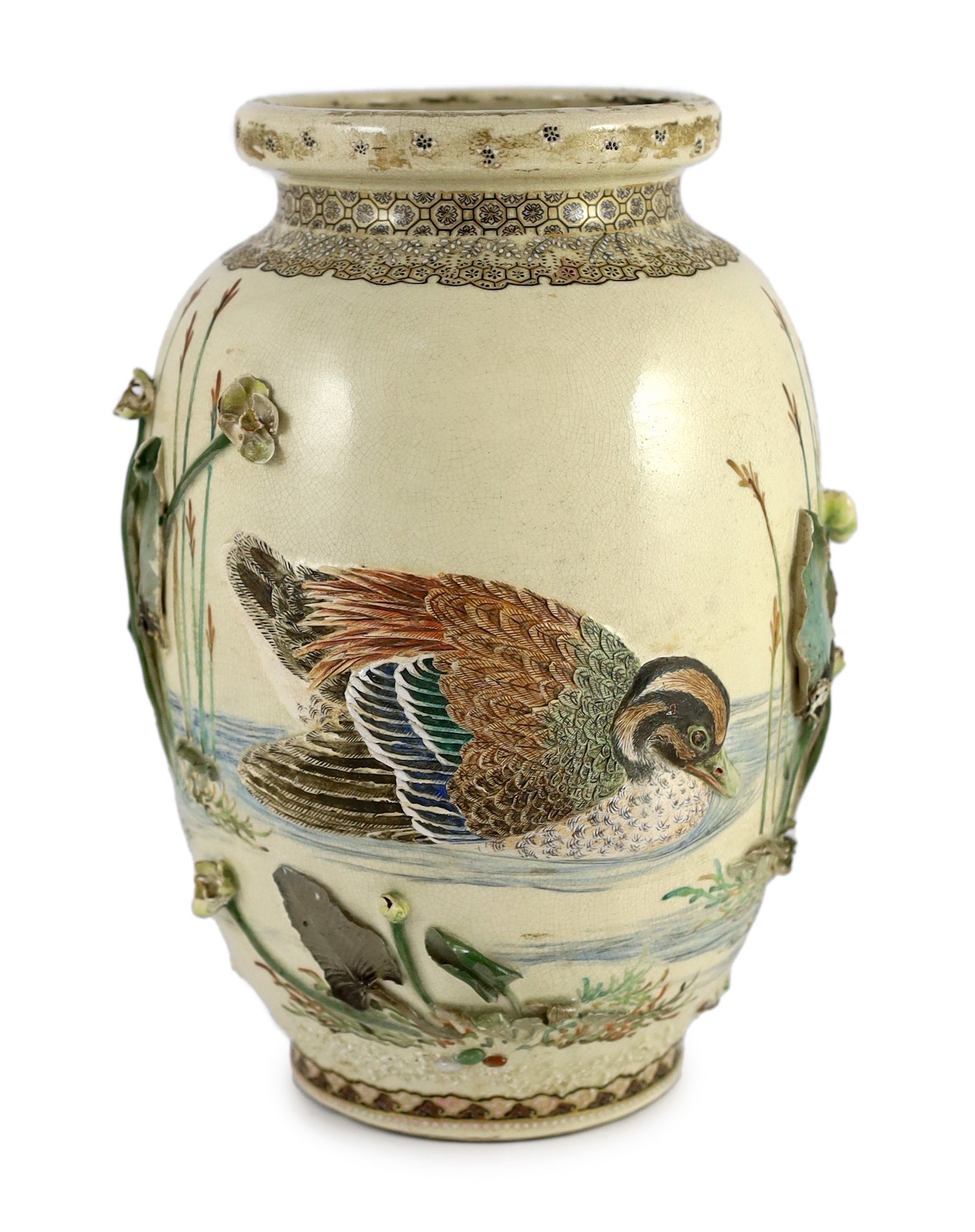 Makuzu Kozan (1842-1916). An earthenware 'duck and lotus pond' vase, c.1880, applied with the figure