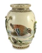 Makuzu Kozan (1842-1916). An earthenware 'duck and lotus pond' vase, c.1880, applied with the figure