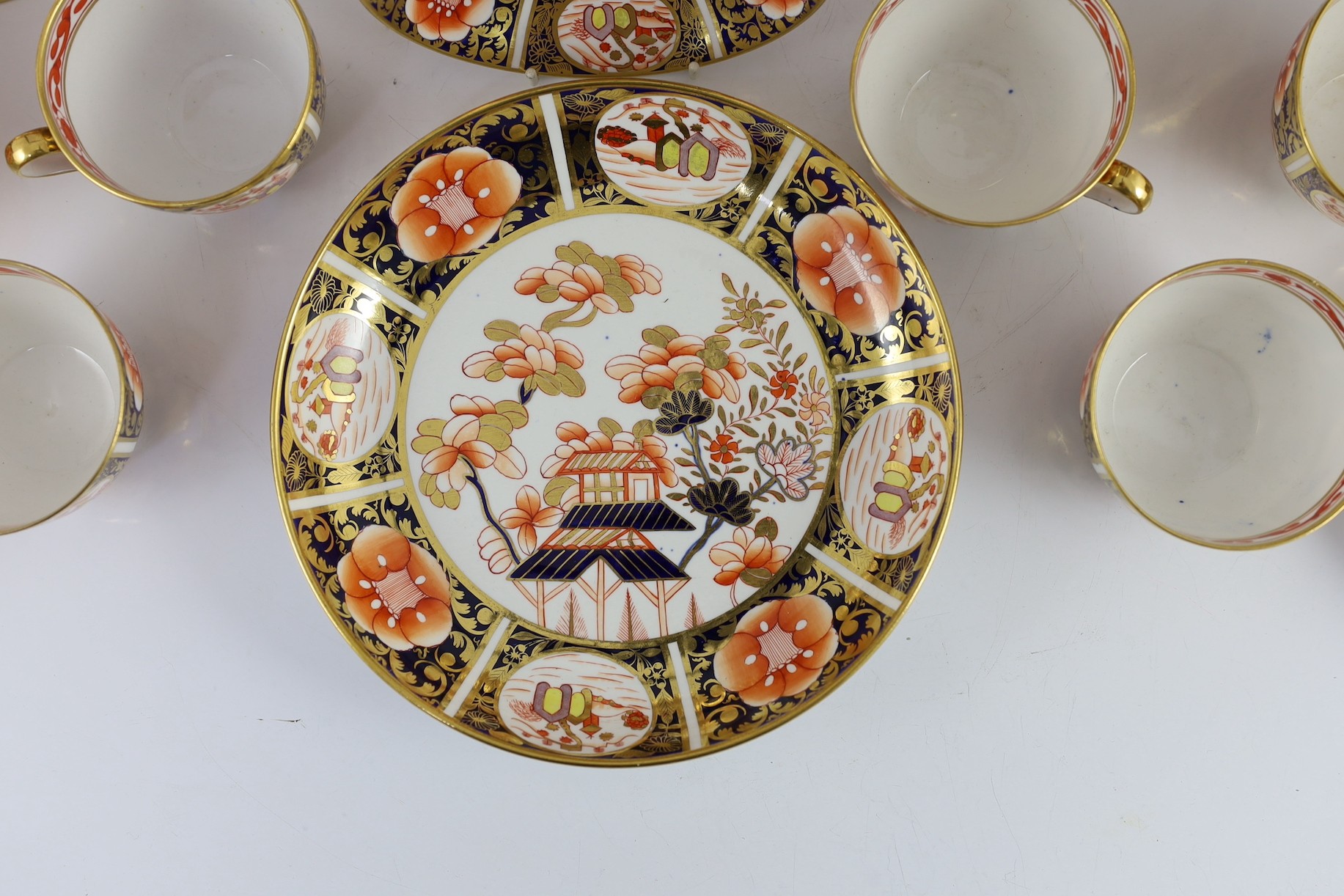 A Spode part tea service painted in Imari style with pattern 1956, c.1820, comprising a teapot cover - Image 3 of 14